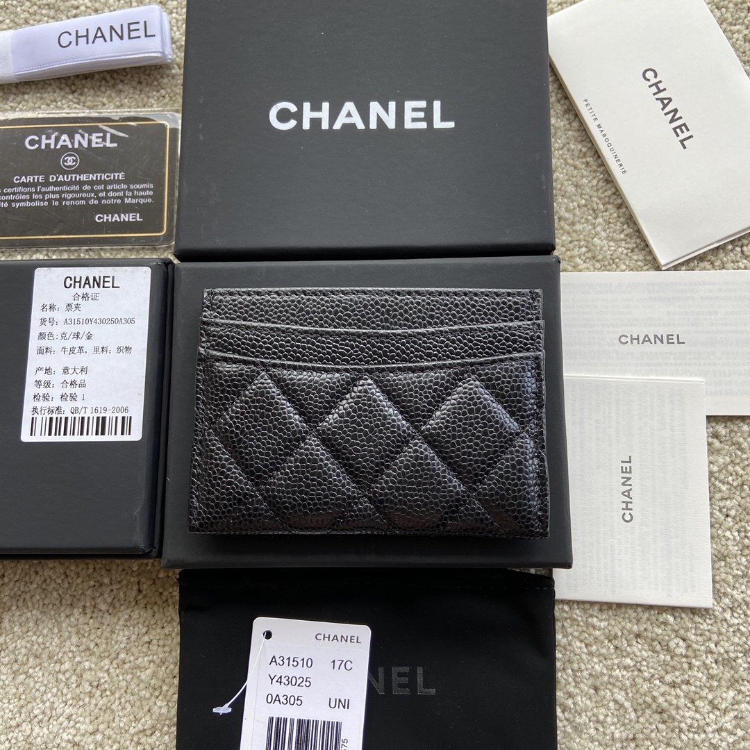 Chanel-Zipper Card Holder Grained Shiny Calfskin & Gold-tone Metal Black