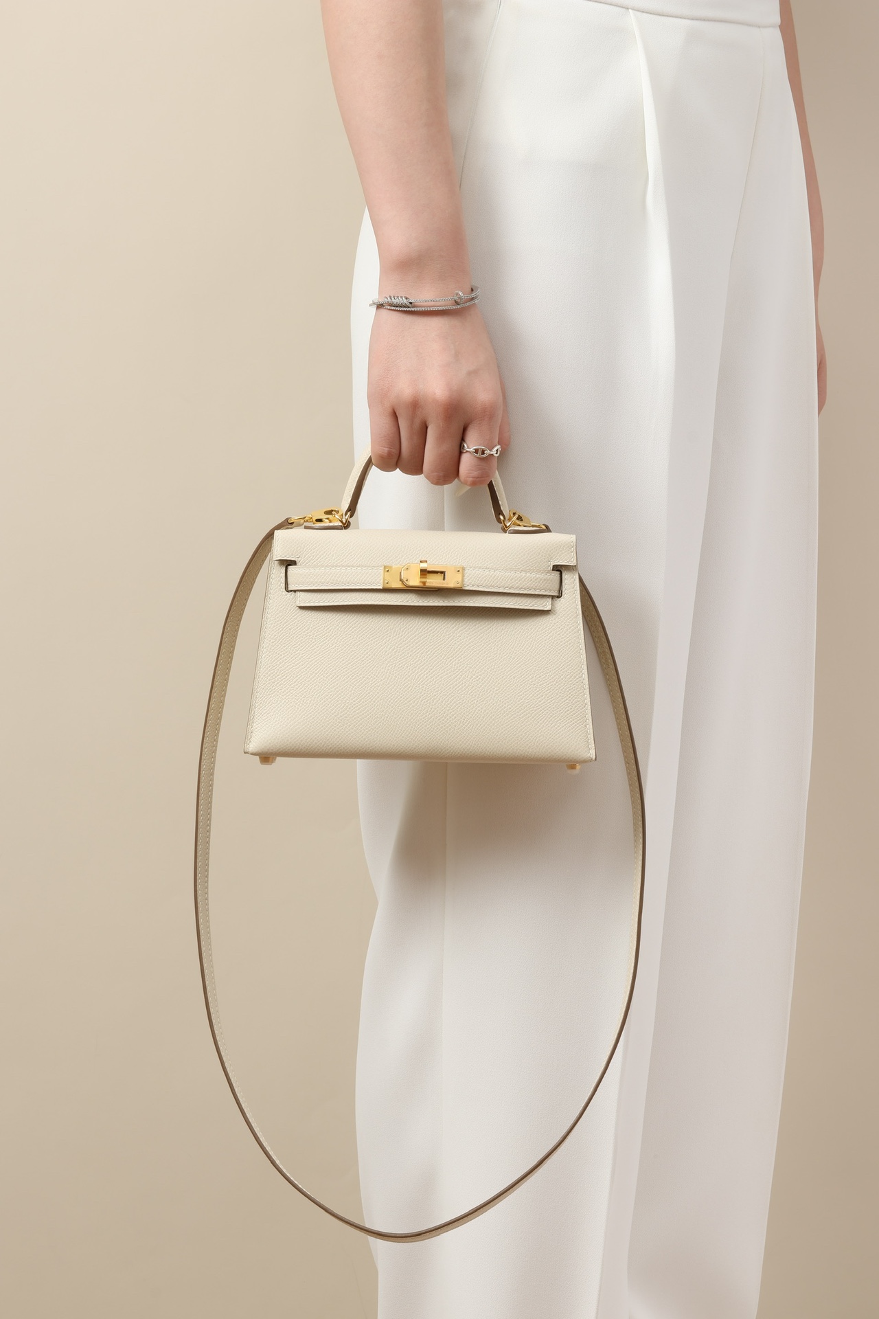 Hermes-Mini Kelly Milk Shake Platinum Buckle Bag