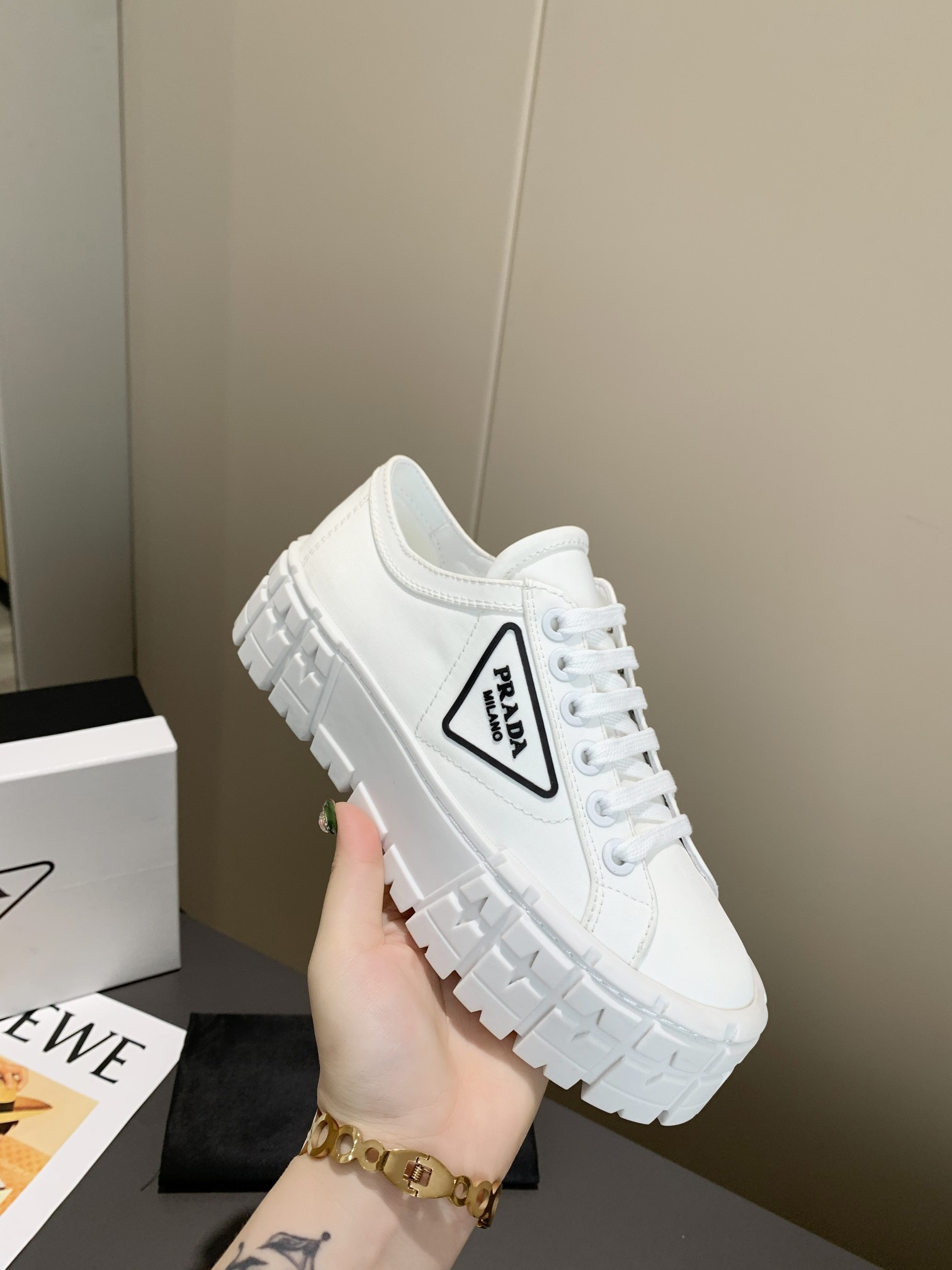 PRADA - Wheel Double Low White Sneakers for Women