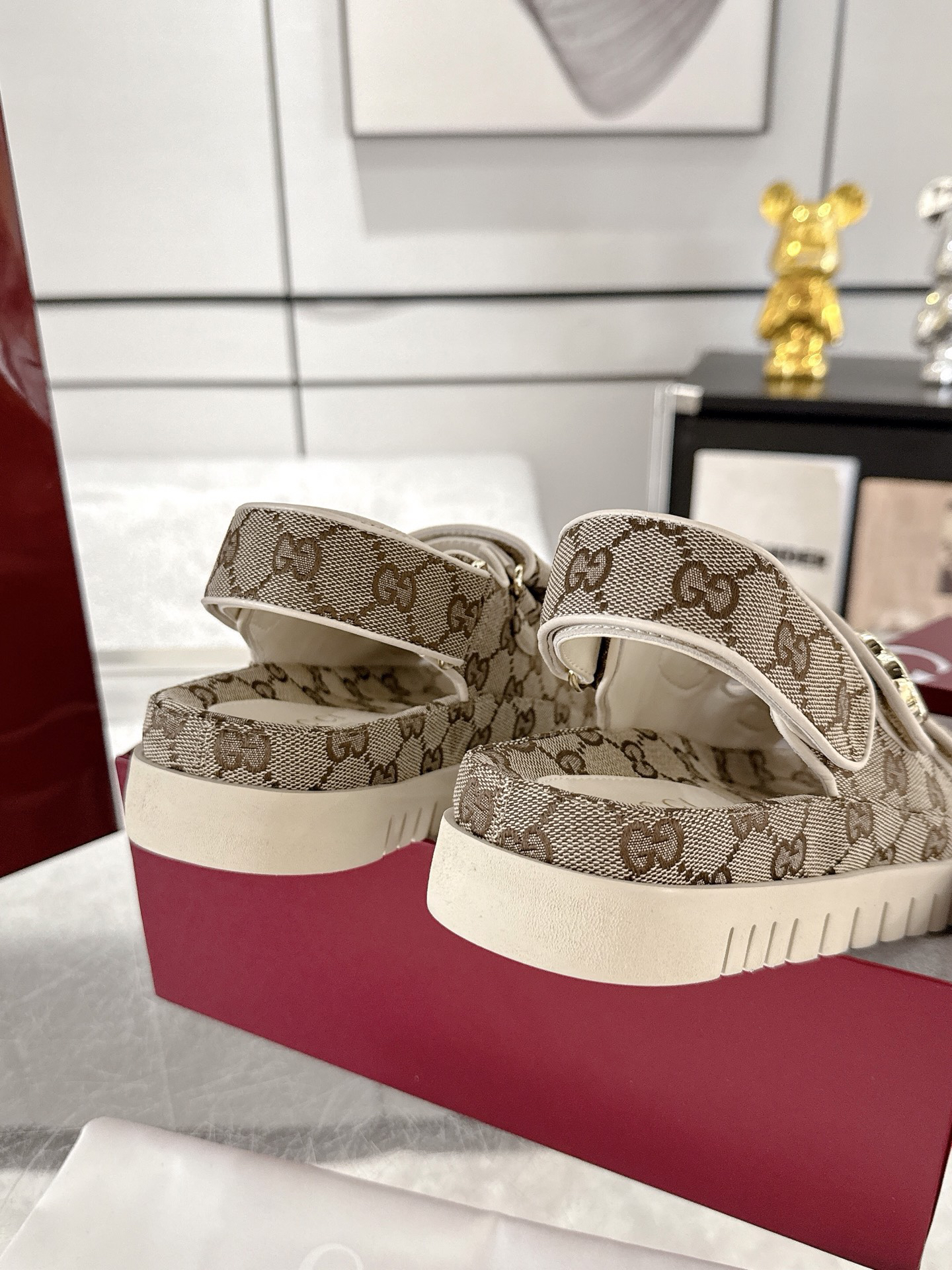 GUCCI - Canvas Round Toe Velcro Sandals Dark Brown