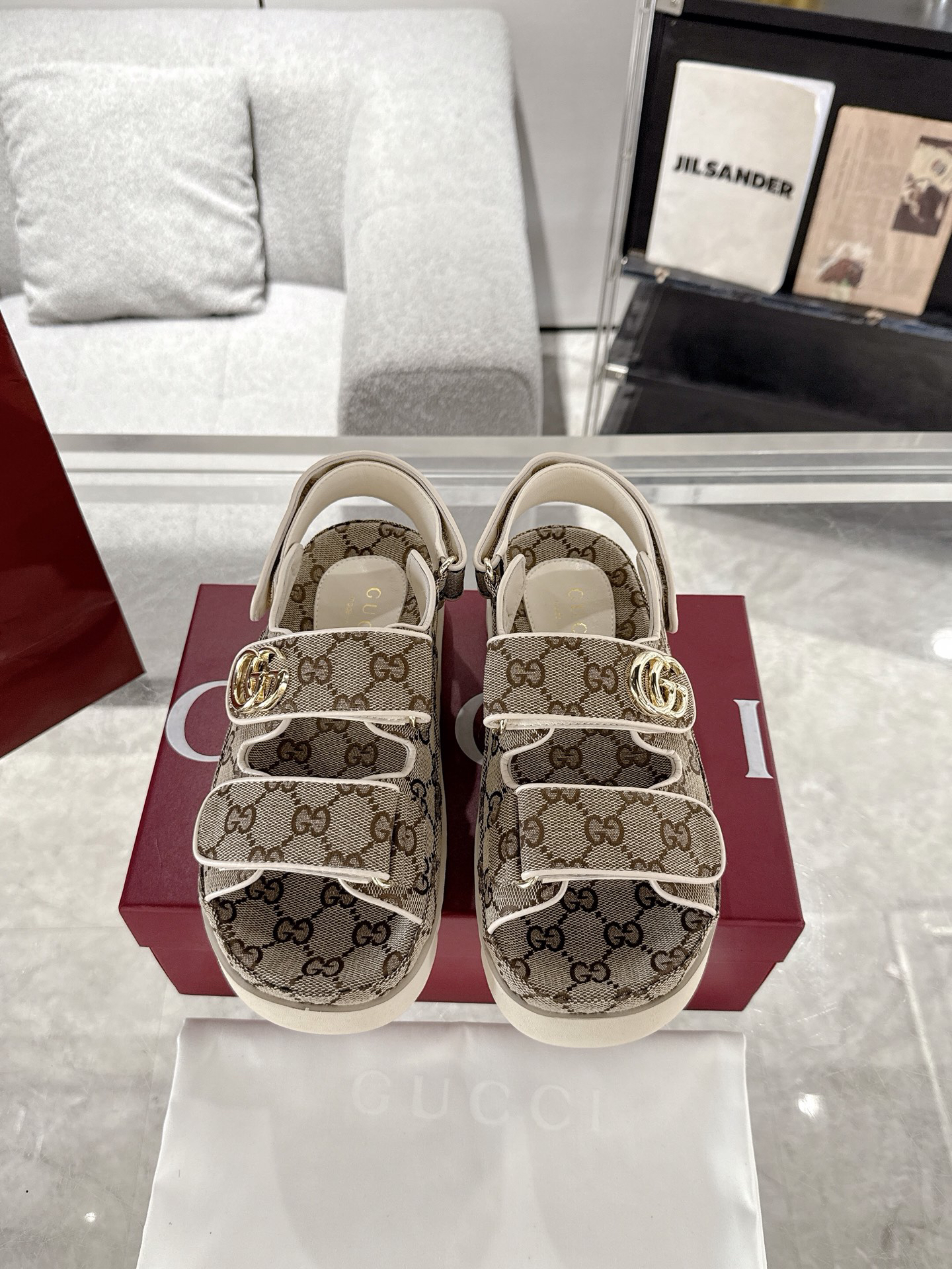 GUCCI - Canvas Round Toe Velcro Sandals Dark Brown