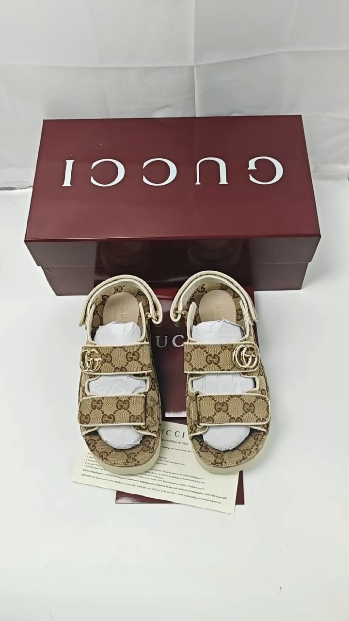 GUCCI - Canvas Round Toe Velcro Sandals Dark Brown