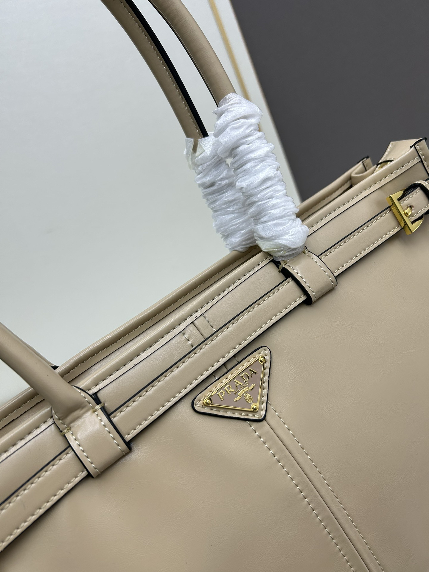 PRADA - Soft Lux Soft Leather Shoulder Crossbody Handbag Stone Grey