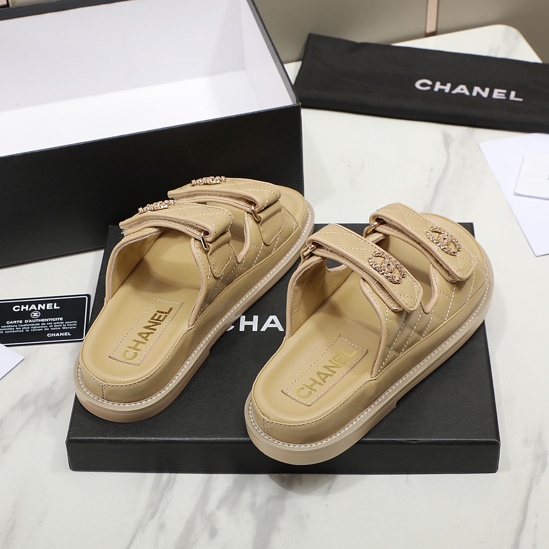 CHANEL Leather Slippers Women Brown
