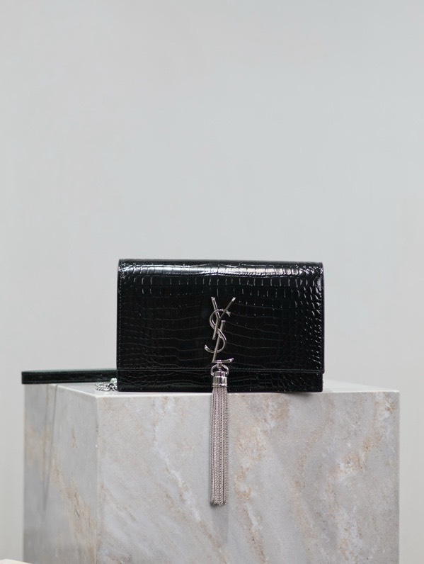 SAINT LAURENT - YSL KATE Silver/Gold Label Logo Crocodile Pattern Leather Shoulder Crossbody Bag Black