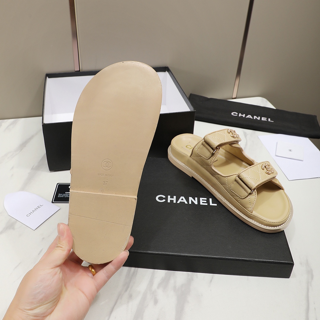 CHANEL Leather Slippers Women Brown