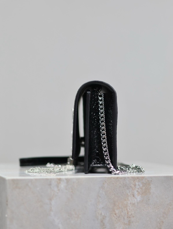 SAINT LAURENT - YSL KATE Silver/Gold Label Logo Crocodile Pattern Leather Shoulder Crossbody Bag Black