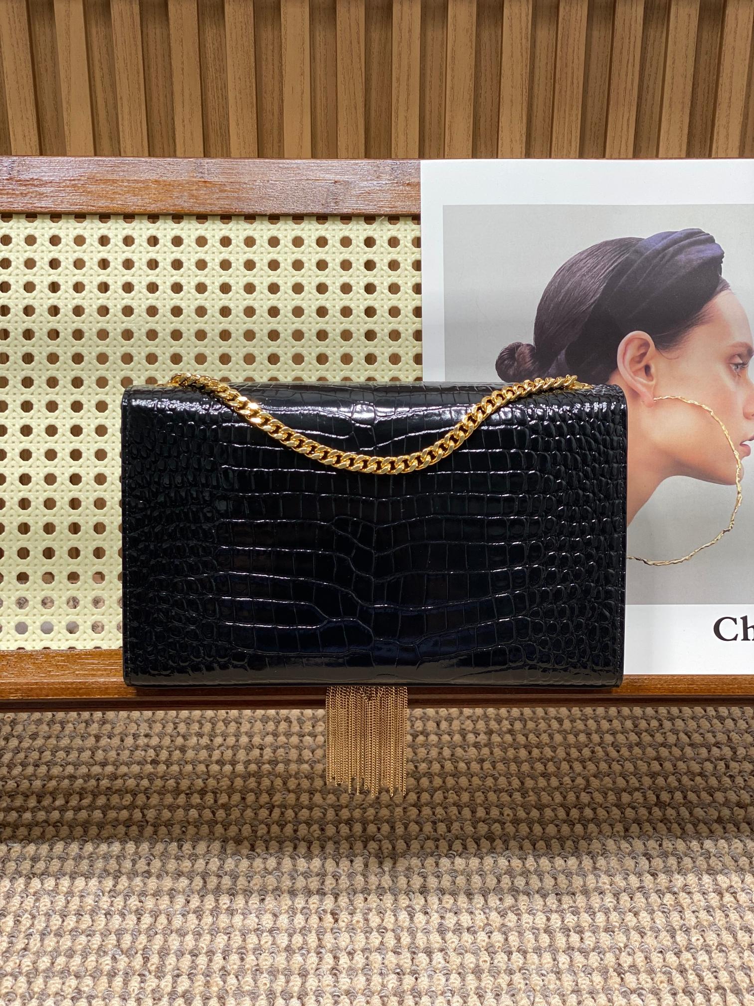 SAINT LAURENT - YSL KATE Silver/Gold Label Logo Crocodile Pattern Leather Shoulder Crossbody Bag Black