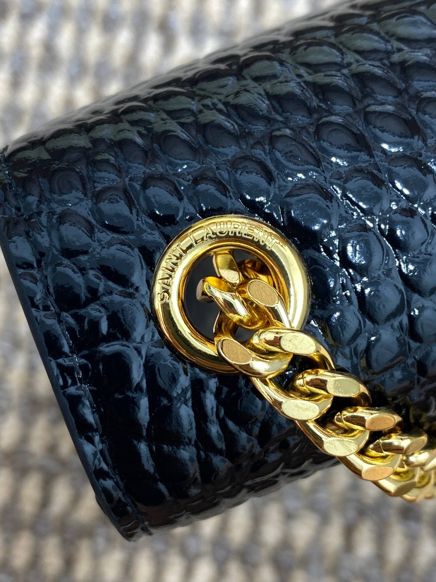 SAINT LAURENT - YSL KATE Silver/Gold Label Logo Crocodile Pattern Leather Shoulder Crossbody Bag Black