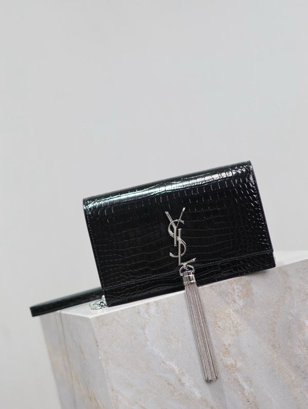 SAINT LAURENT - YSL KATE Silver/Gold Label Logo Crocodile Pattern Leather Shoulder Crossbody Bag Black