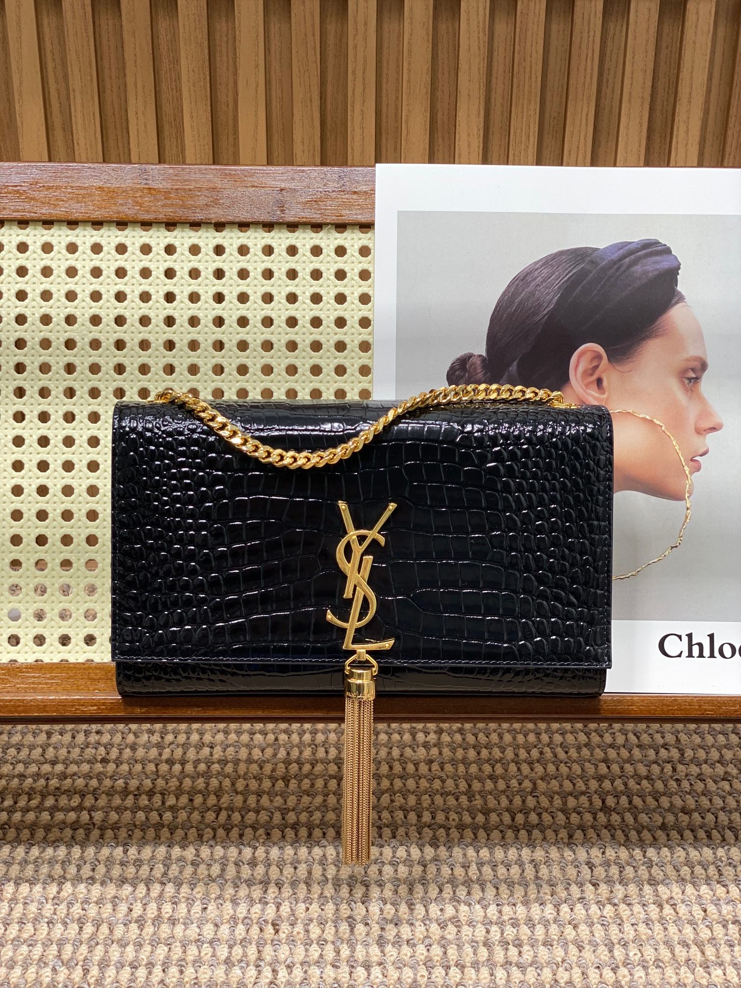 SAINT LAURENT - YSL KATE Silver/Gold Label Logo Crocodile Pattern Leather Shoulder Crossbody Bag Black