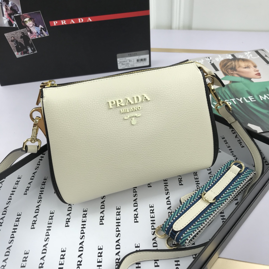 PRADA - Milano Logo Leather Shoulder Bag White/Pink/Black