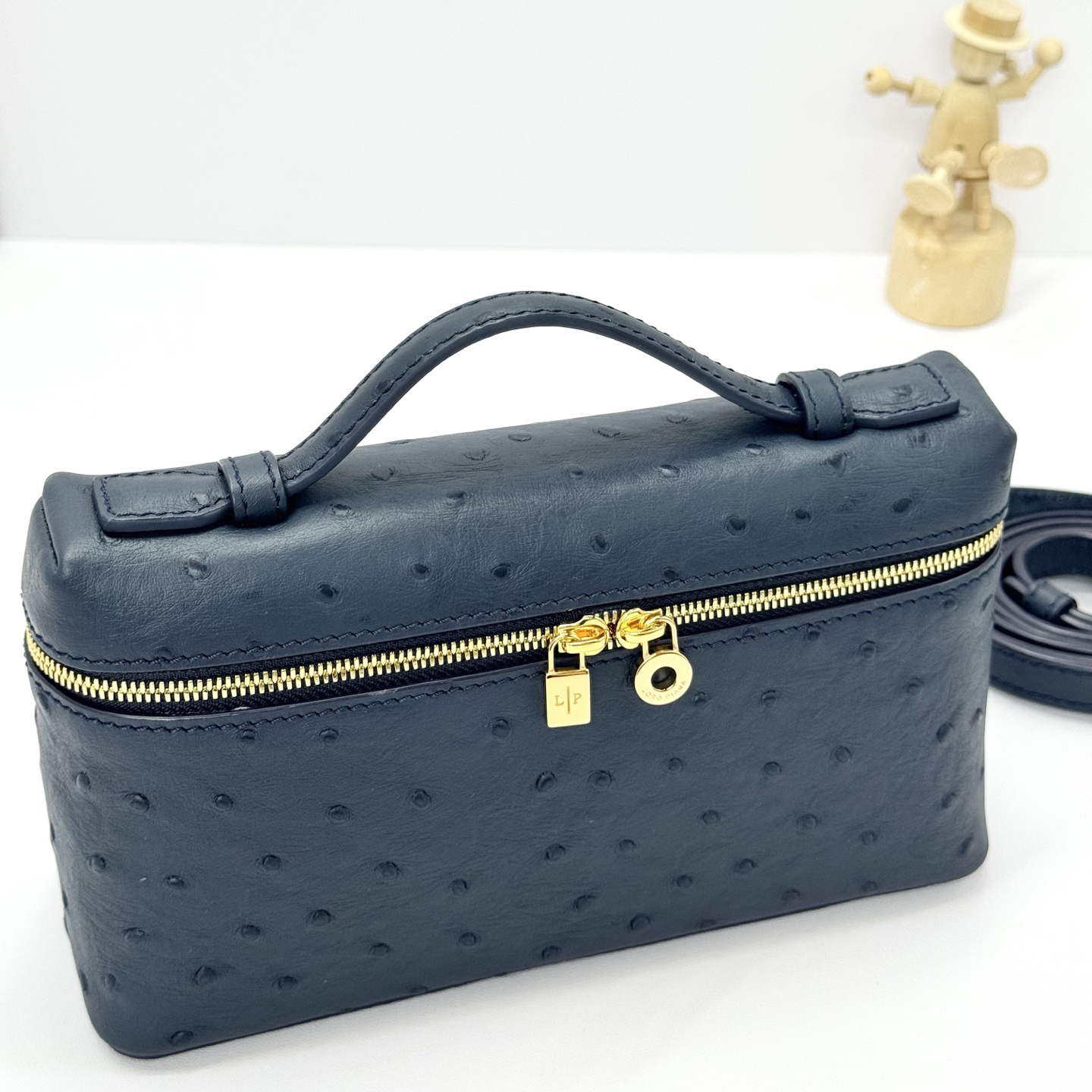 Loro Piana ExtraPocket L19 Ostrich Pattern Leather Box Shoulder Handle Crossbody Bag Black