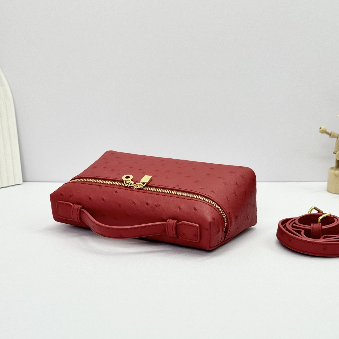 Loro Piana ExtraPocket L19 Ostrich Pattern Leather Box Shoulder Handle Crossbody Bag Red