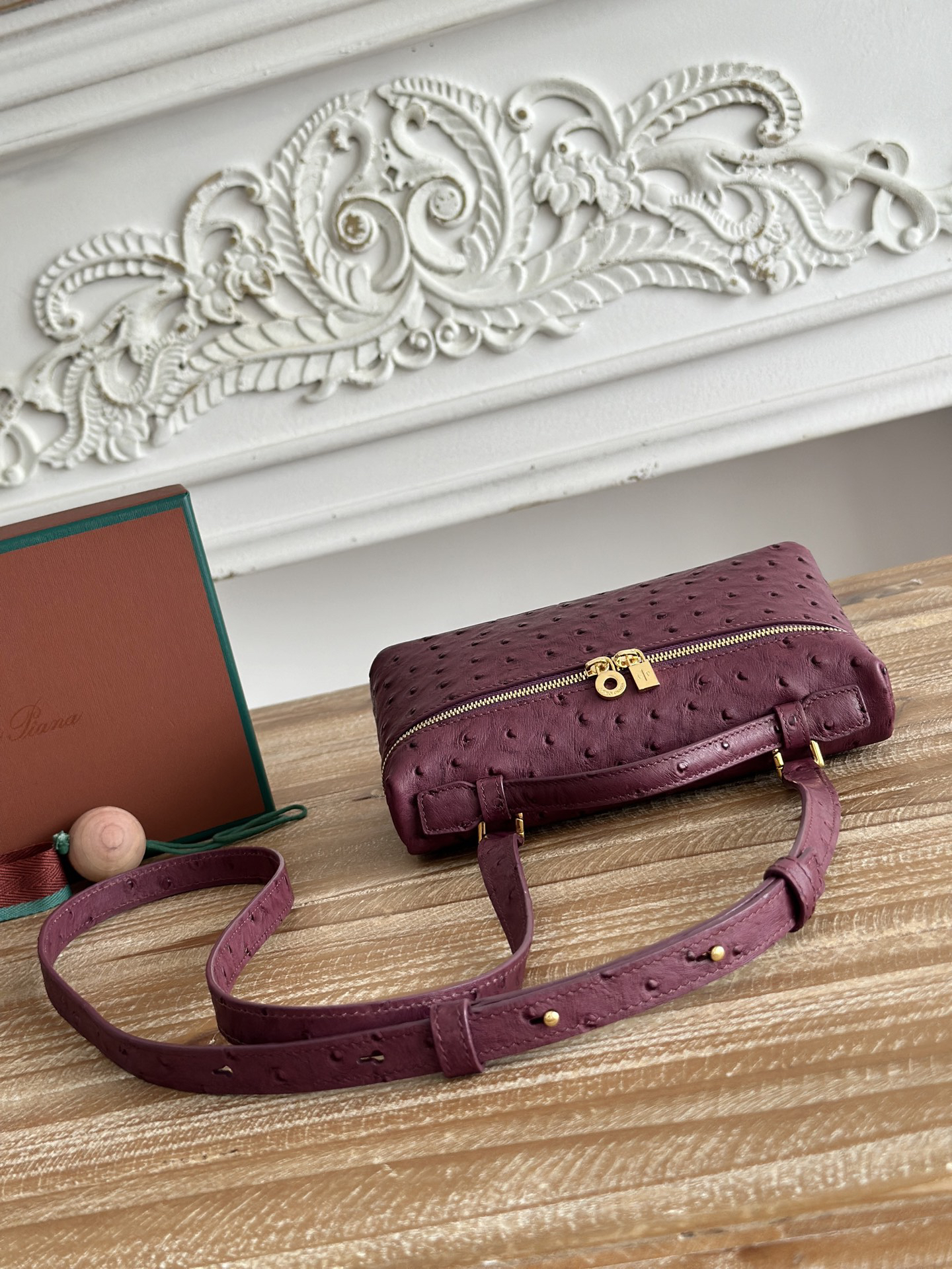 Loro Piana ExtraPocket L19 Ostrich Pattern Leather Box Shoulder Handle Crossbody Bag Wine Red