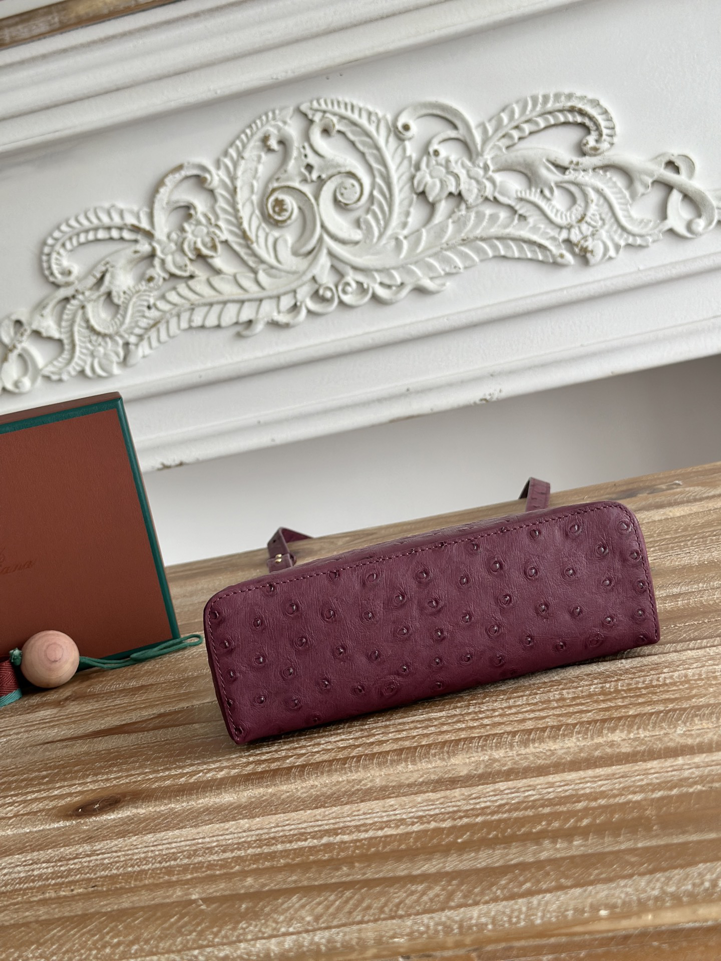 Loro Piana ExtraPocket L19 Ostrich Pattern Leather Box Shoulder Handle Crossbody Bag Wine Red