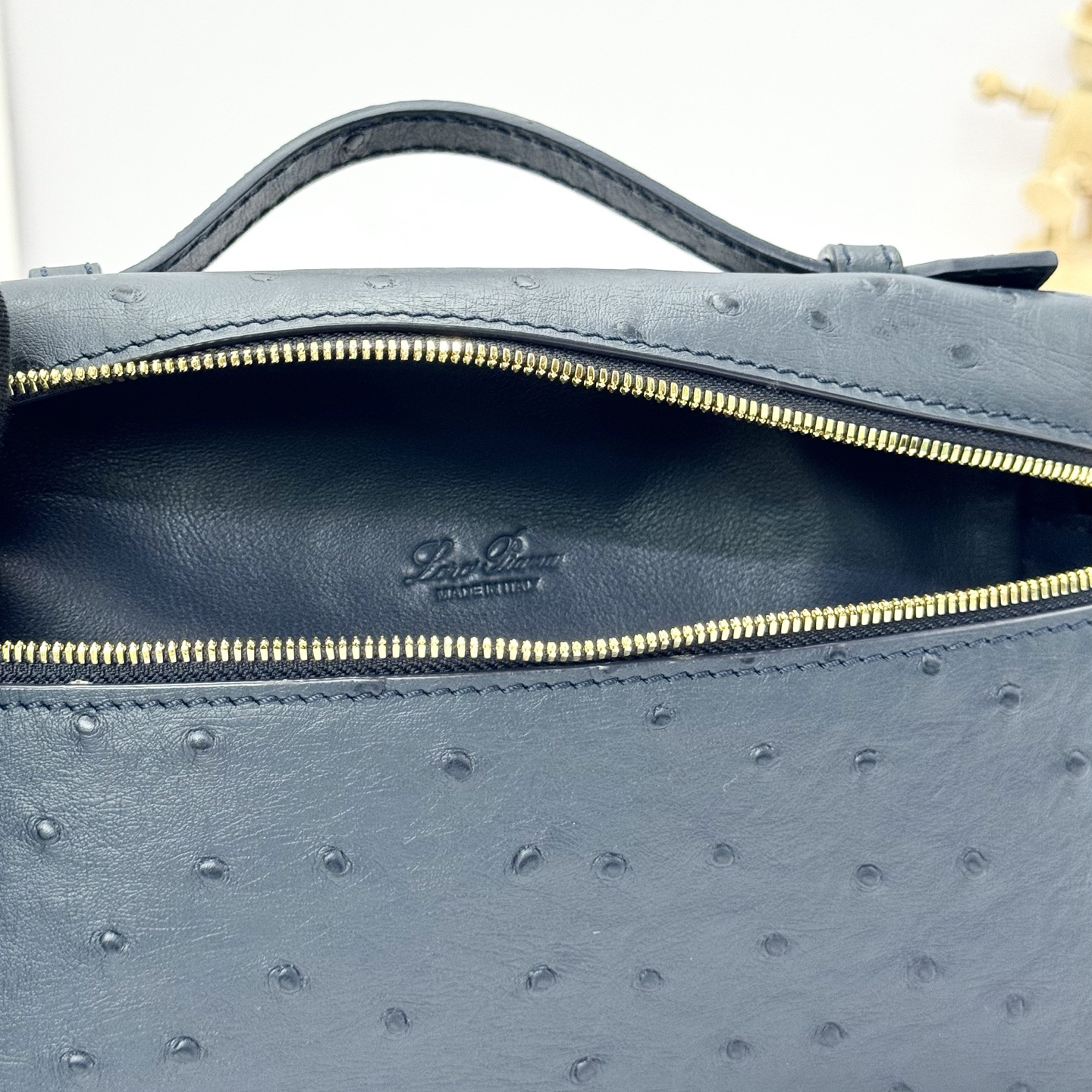 Loro Piana ExtraPocket L19 Ostrich Pattern Leather Box Shoulder Handle Crossbody Bag Black