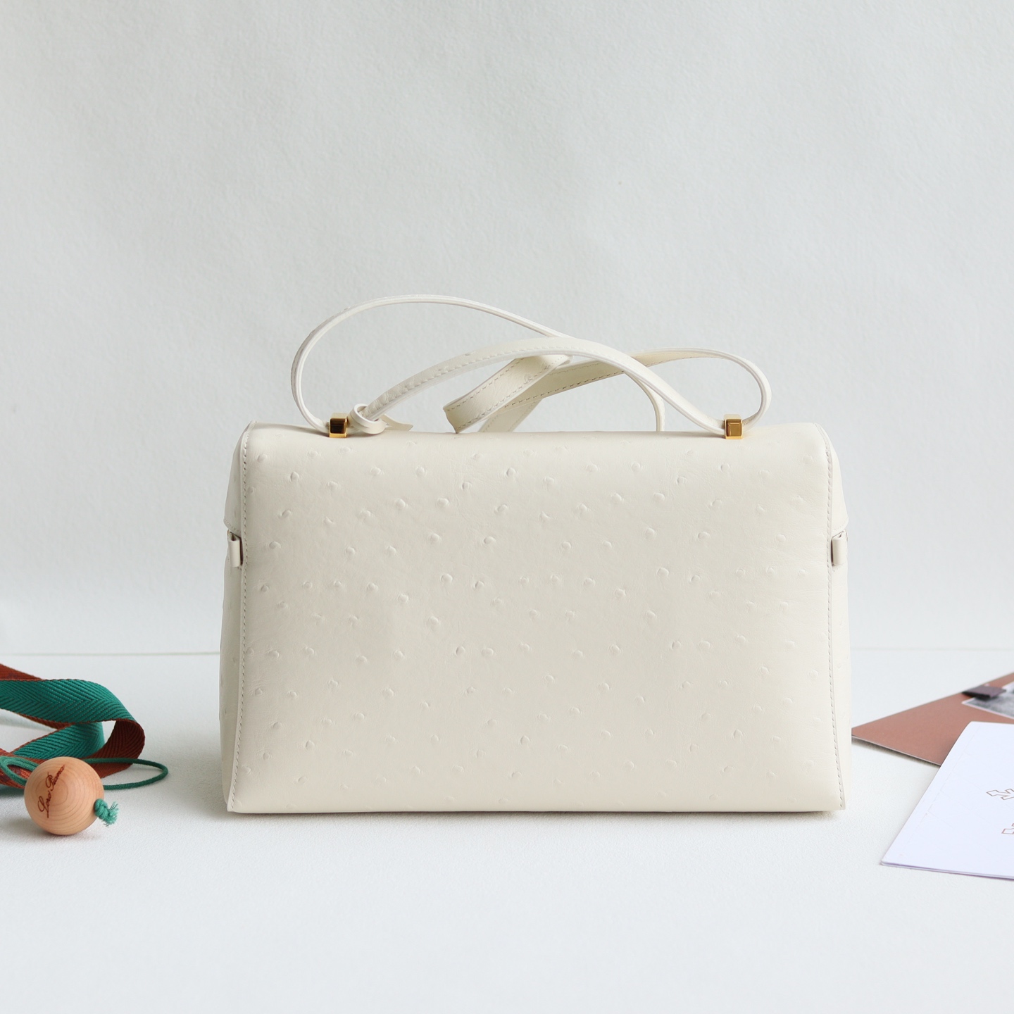 Loro Piana Extra Bag L27 Ostrich Pattern Leather Shoulder Handle Crossbody Bag White