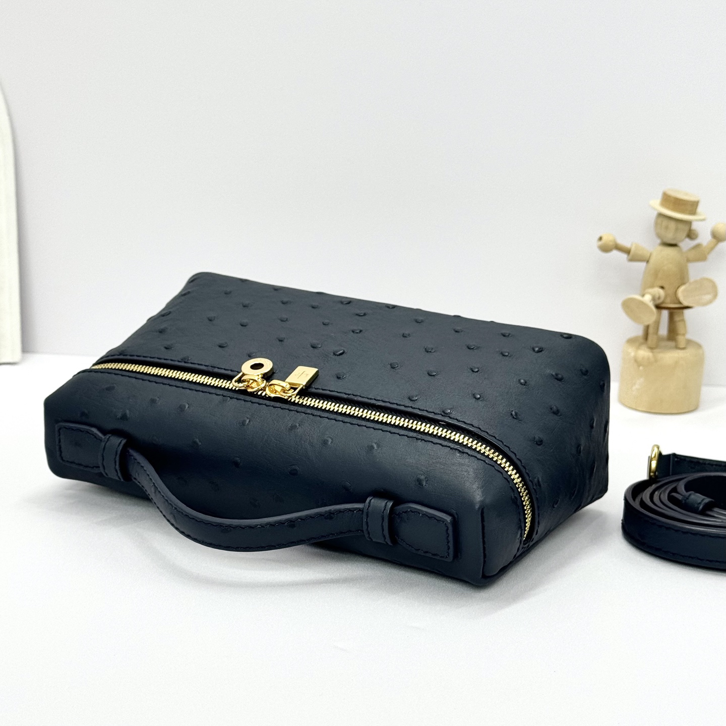 Loro Piana ExtraPocket L19 Ostrich Pattern Leather Box Shoulder Handle Crossbody Bag Black