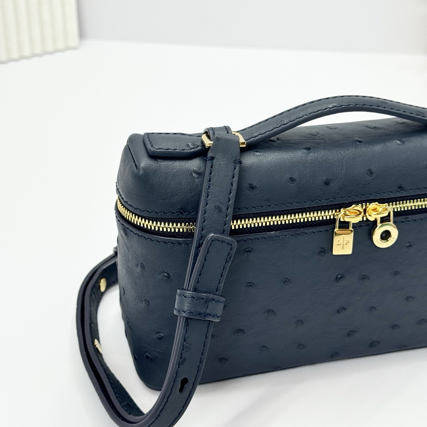 Loro Piana ExtraPocket L19 Ostrich Pattern Leather Box Shoulder Handle Crossbody Bag Black