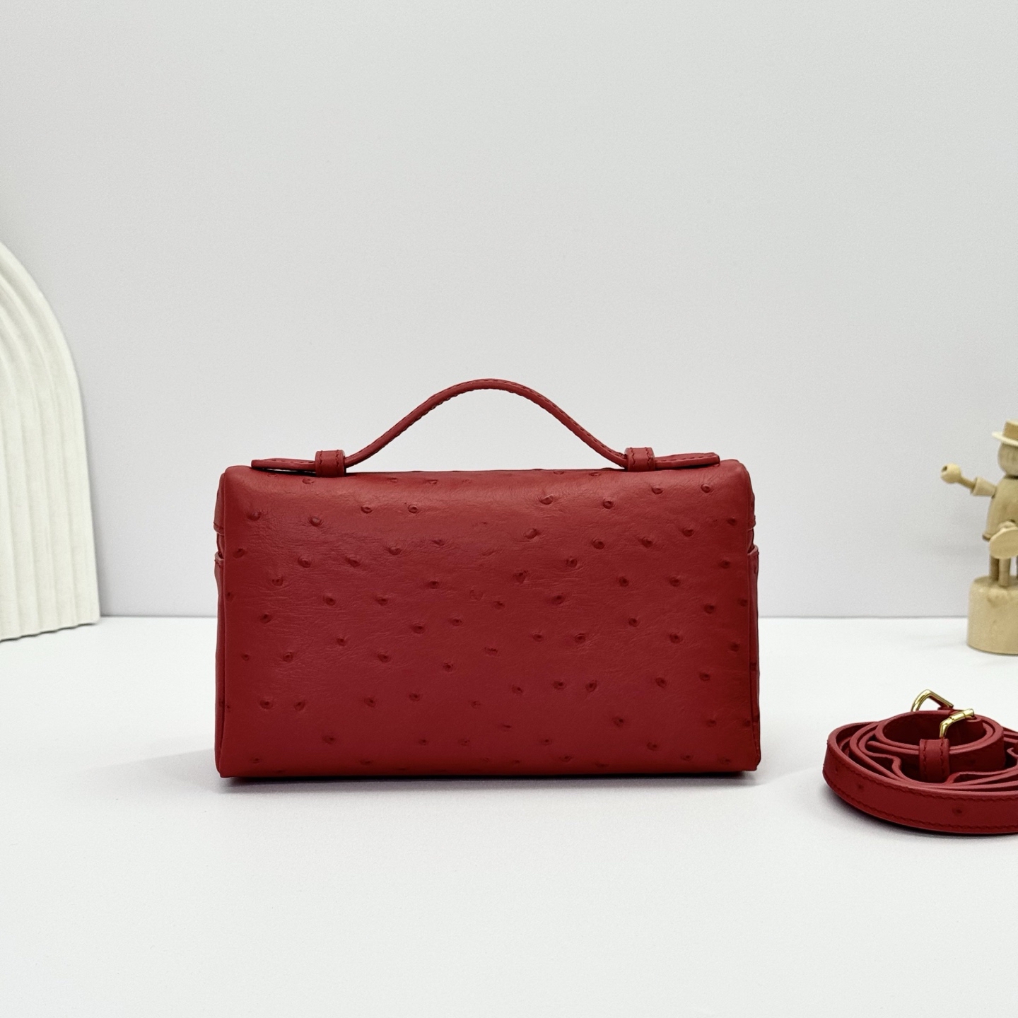 Loro Piana ExtraPocket L19 Ostrich Pattern Leather Box Shoulder Handle Crossbody Bag Red