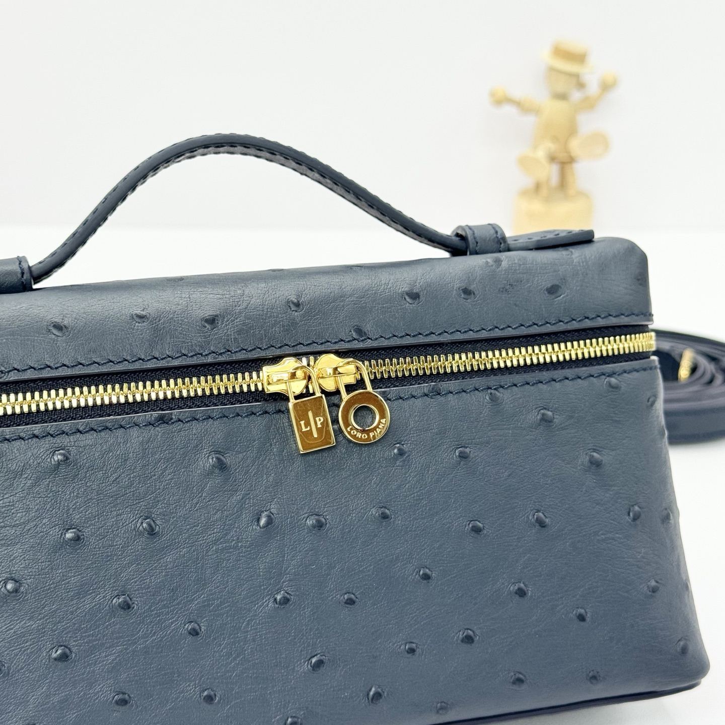 Loro Piana ExtraPocket L19 Ostrich Pattern Leather Box Shoulder Handle Crossbody Bag Black