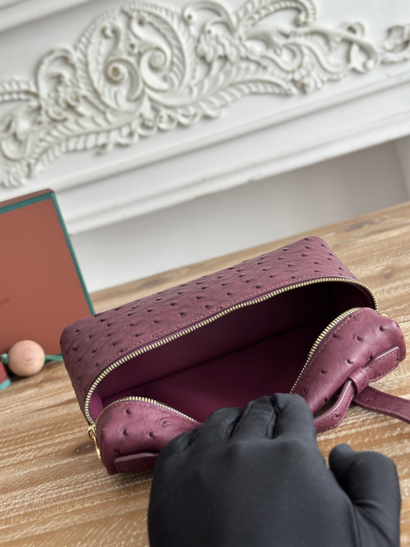 Loro Piana ExtraPocket L19 Ostrich Pattern Leather Box Shoulder Handle Crossbody Bag Wine Red