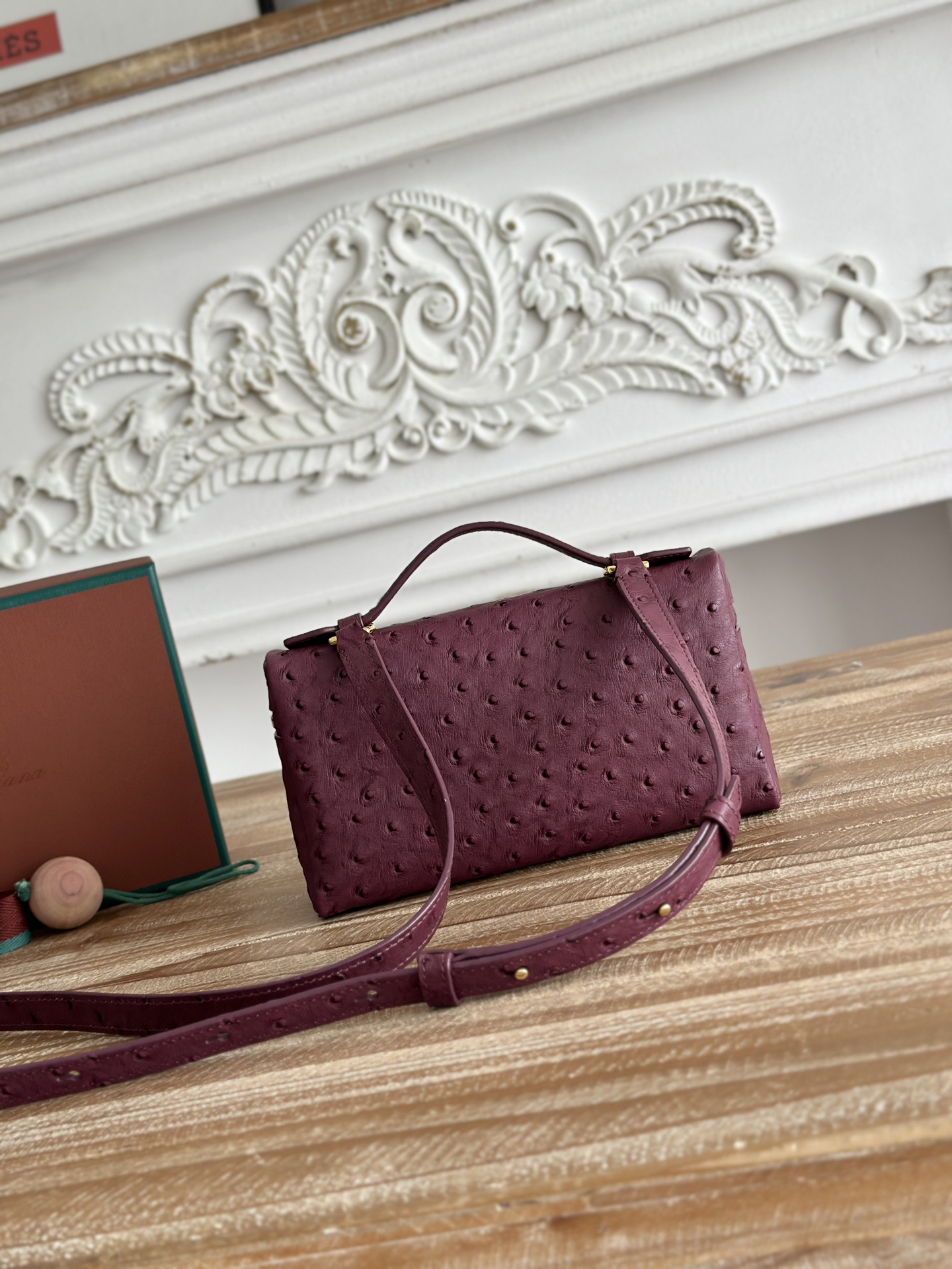 Loro Piana ExtraPocket L19 Ostrich Pattern Leather Box Shoulder Handle Crossbody Bag Wine Red