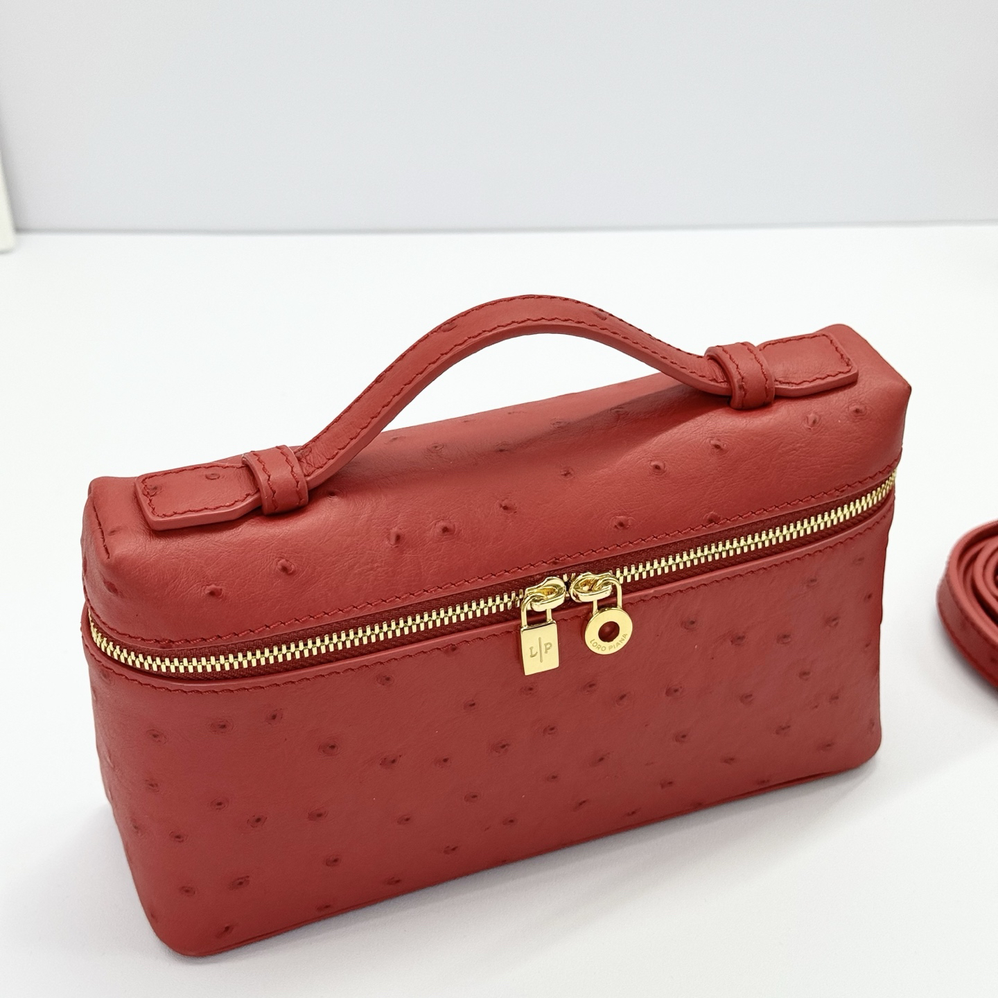 Loro Piana ExtraPocket L19 Ostrich Pattern Leather Box Shoulder Handle Crossbody Bag Red