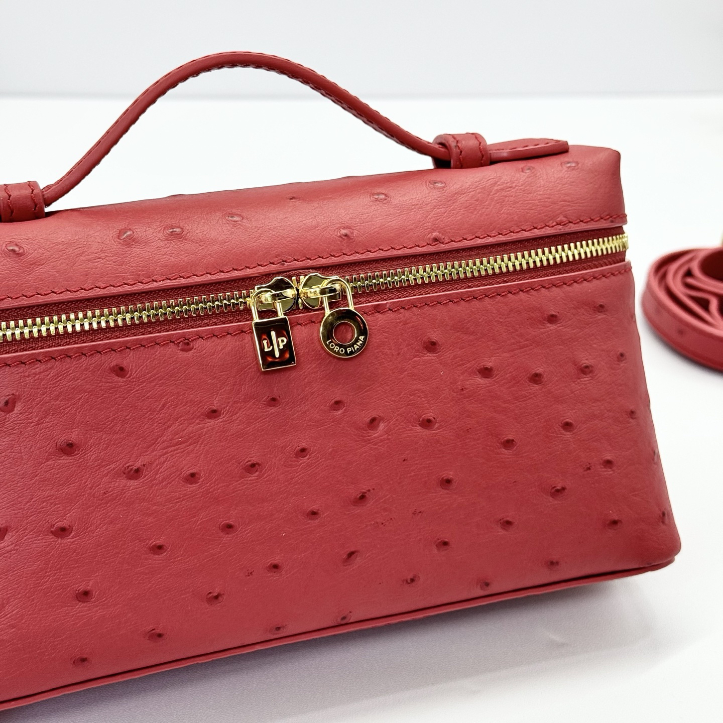 Loro Piana ExtraPocket L19 Ostrich Pattern Leather Box Shoulder Handle Crossbody Bag Red