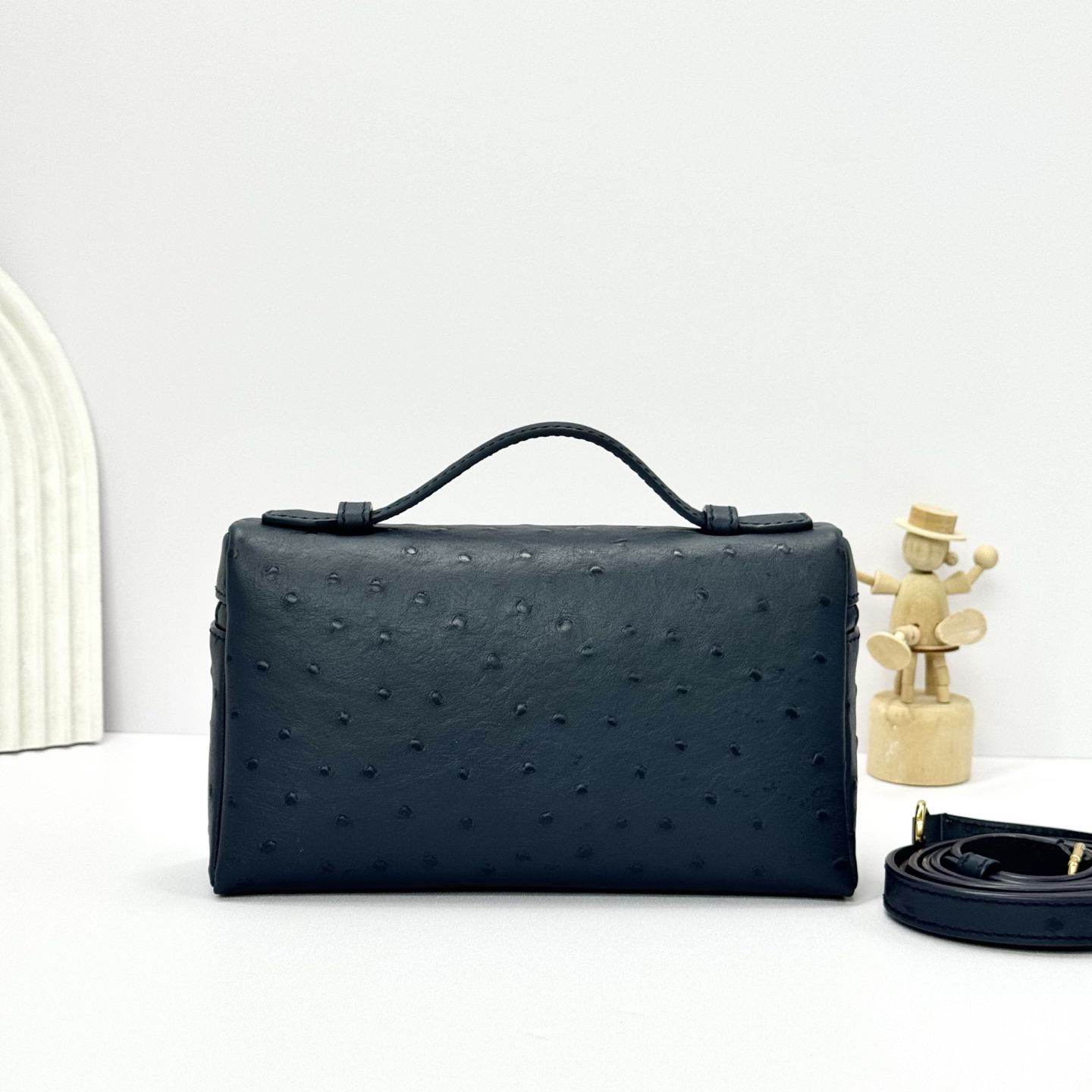 Loro Piana ExtraPocket L19 Ostrich Pattern Leather Box Shoulder Handle Crossbody Bag Black