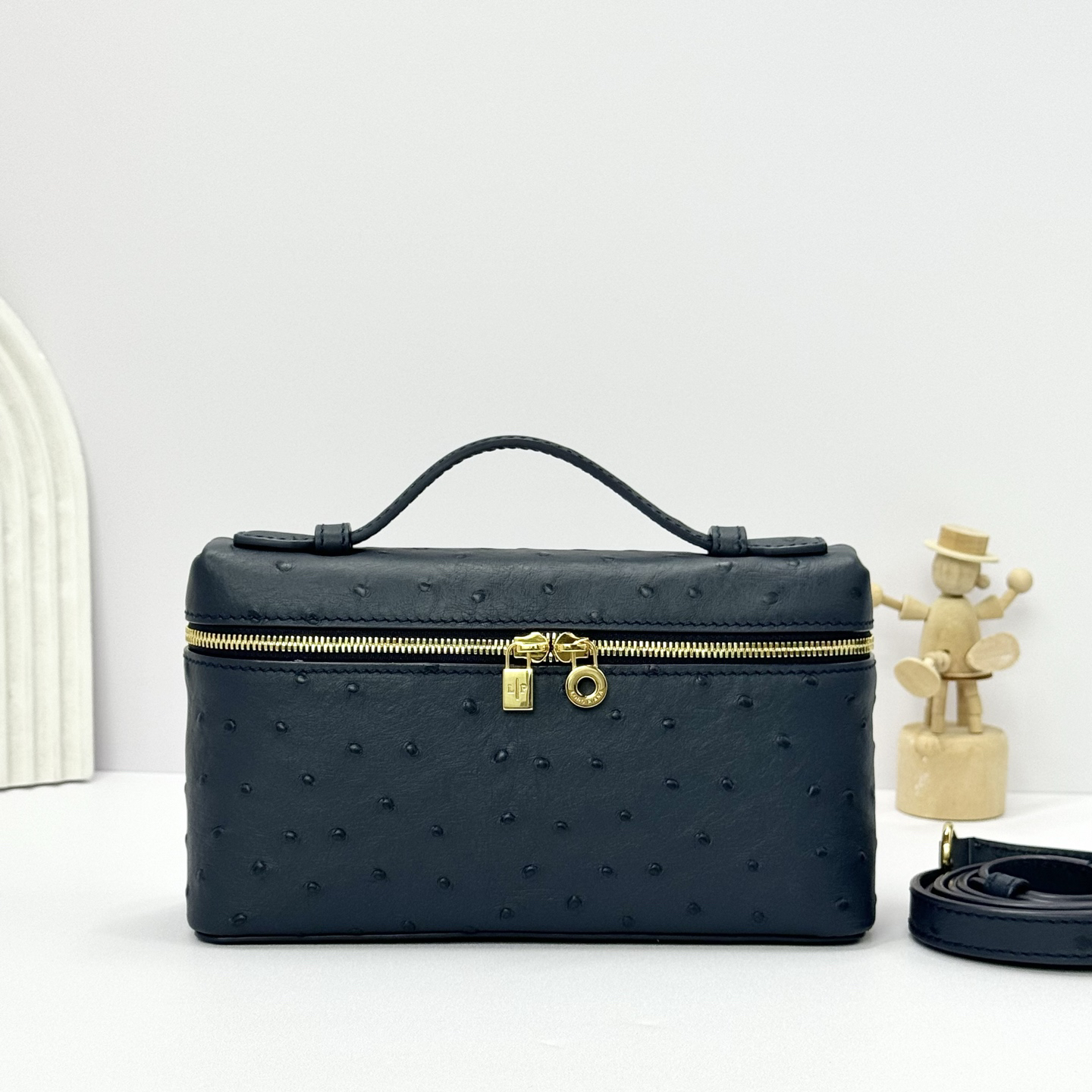 Loro Piana ExtraPocket L19 Ostrich Pattern Leather Box Shoulder Handle Crossbody Bag Black