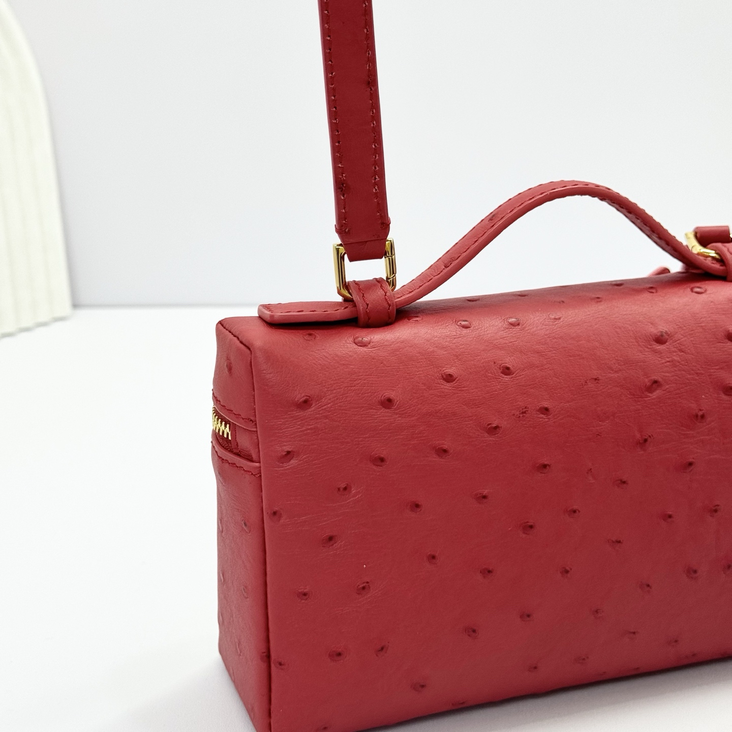 Loro Piana ExtraPocket L19 Ostrich Pattern Leather Box Shoulder Handle Crossbody Bag Red