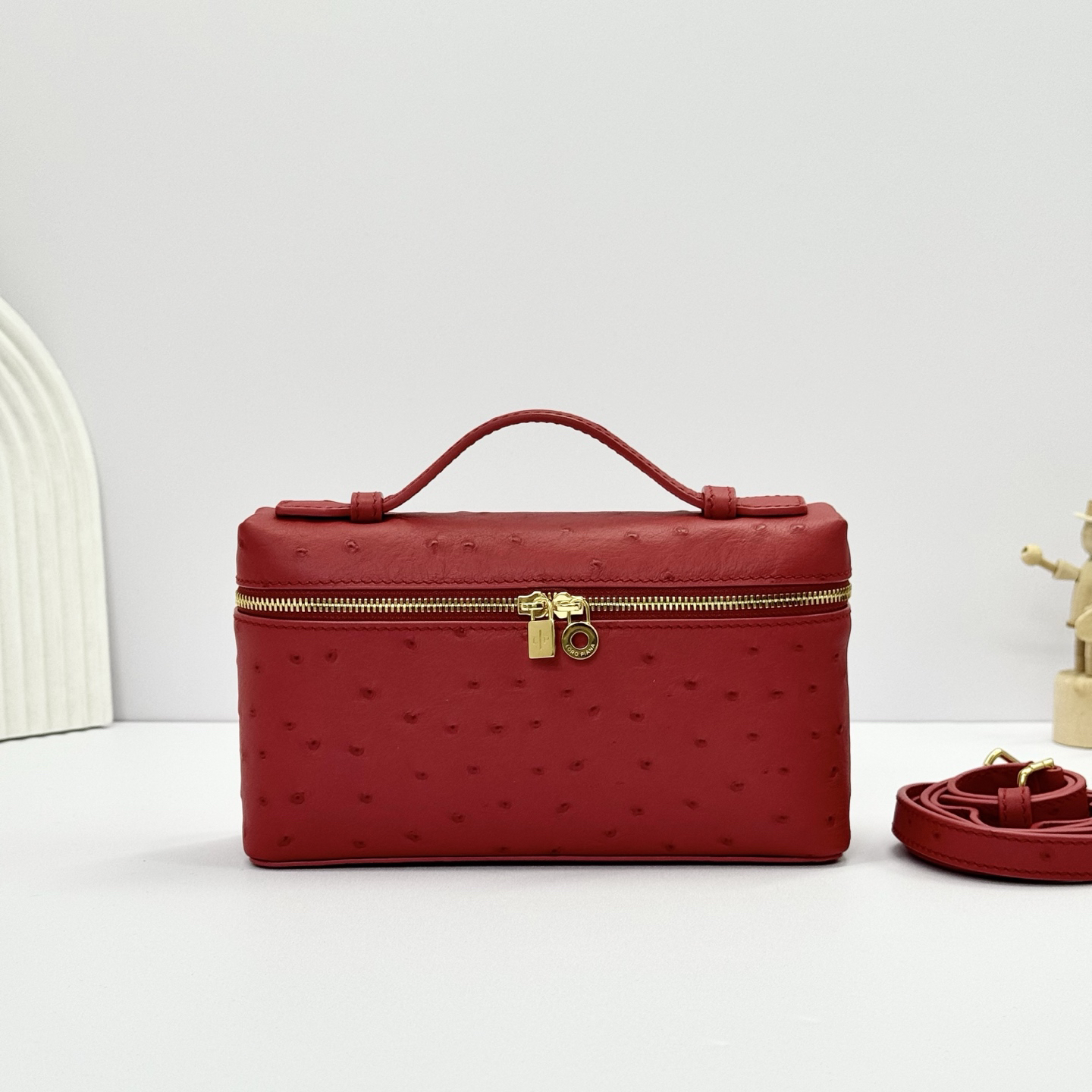 Loro Piana ExtraPocket L19 Ostrich Pattern Leather Box Shoulder Handle Crossbody Bag Red