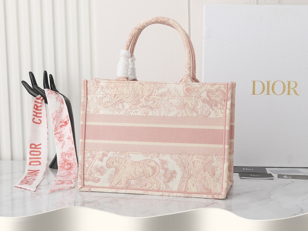 DIOR - BookTote Tiger Embroidered Tote Bag Shopping Bag Handbag Medium Pink