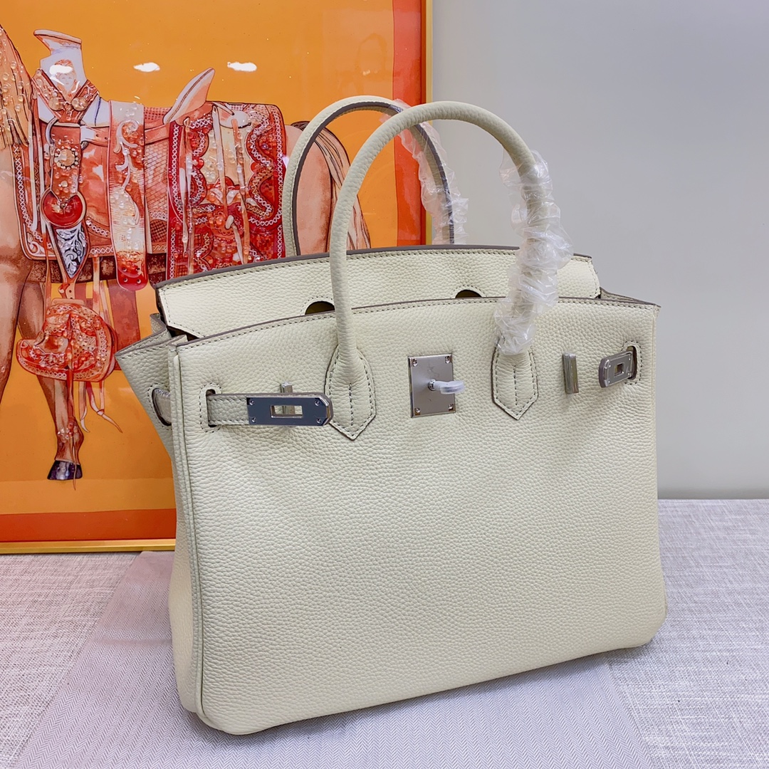 HERMES - Birkin 30 Silver Buckle Leather Handbag Cream White