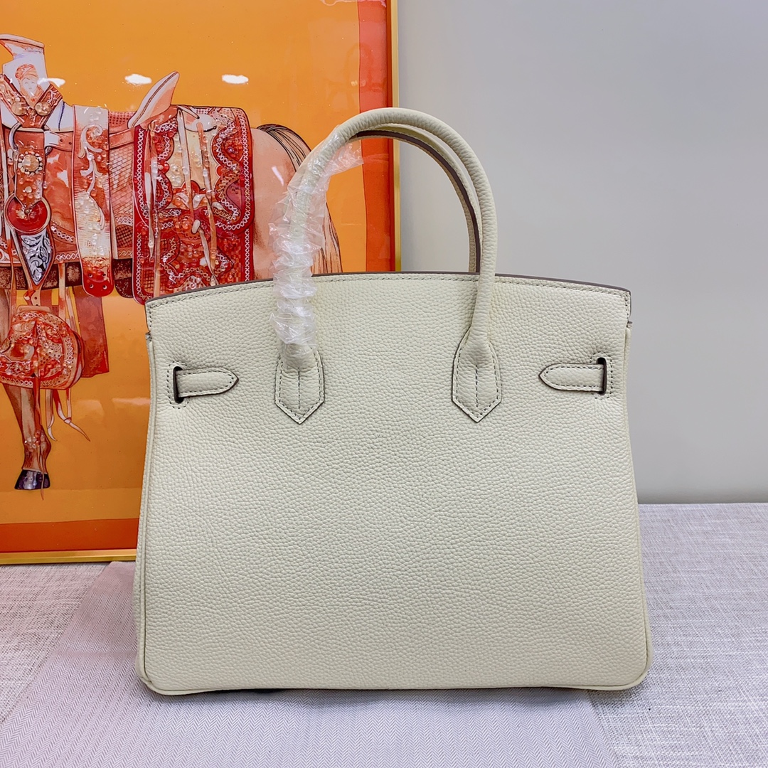 HERMES - Birkin 30 Silver Buckle Leather Handbag Cream White
