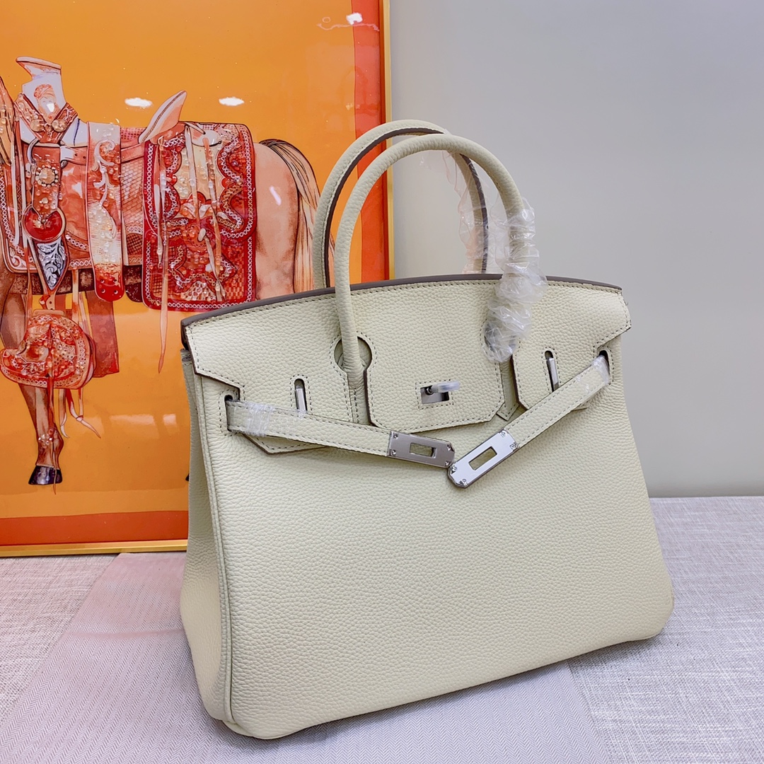 HERMES - Birkin 30 Silver Buckle Leather Handbag Cream White