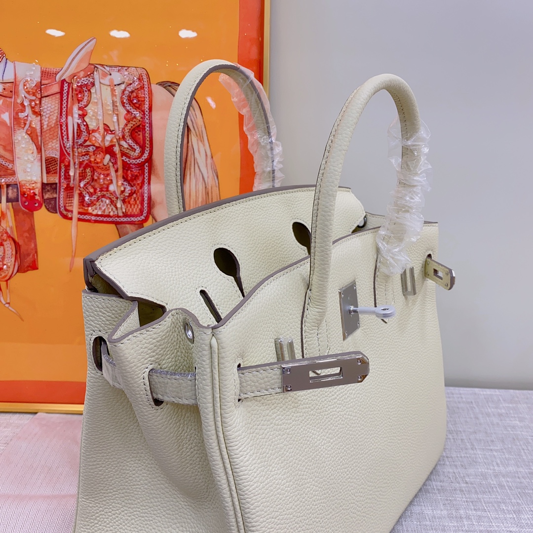 HERMES - Birkin 30 Silver Buckle Leather Handbag Cream White