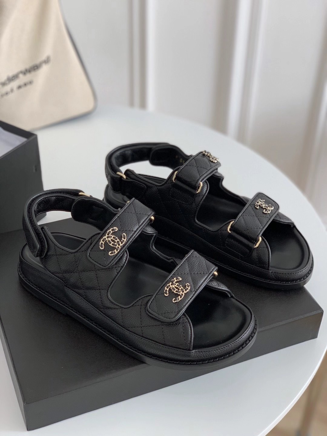 CHANEL-Velcro Cowhide Denim Fabric with Resin Buckle Paired with Sandals
