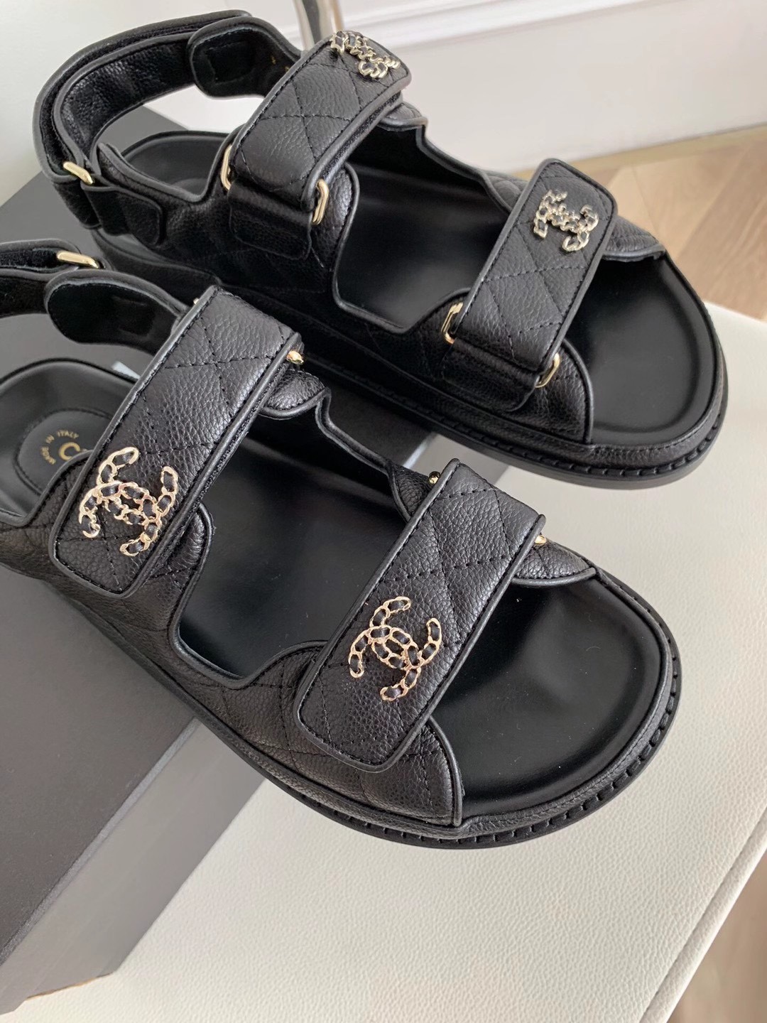CHANEL-Velcro Cowhide Denim Fabric with Resin Buckle Paired with Sandals