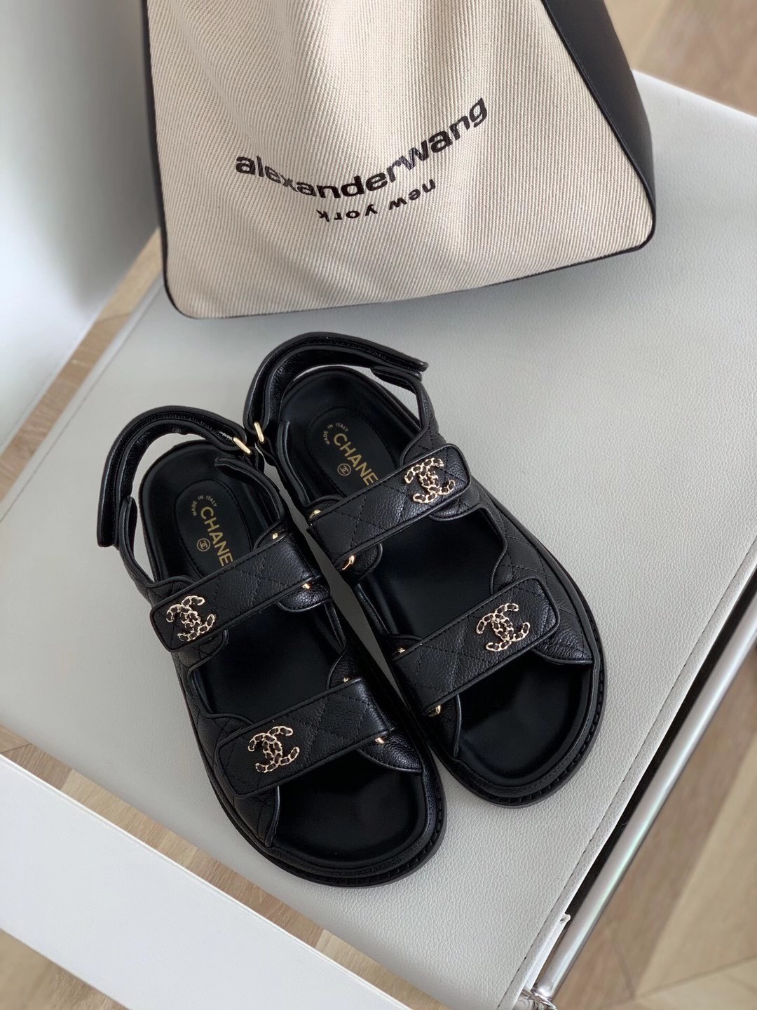 CHANEL-Velcro Cowhide Denim Fabric with Resin Buckle Paired with Sandals