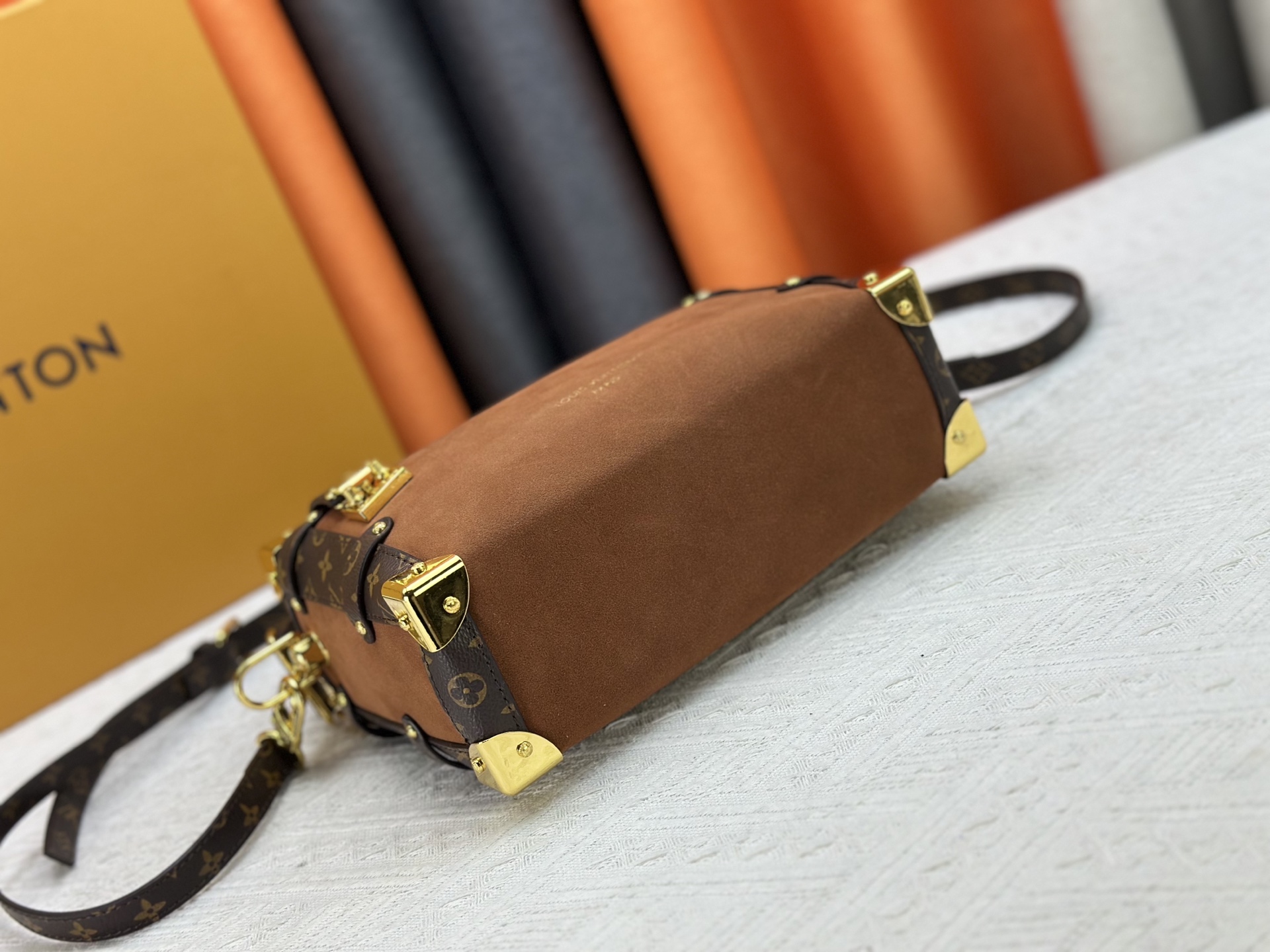 LOUIS VUITTON - LV SIDE TRUNK Suede Box Bag Underarm Bag Shoulder Crossbody Handbag Brown