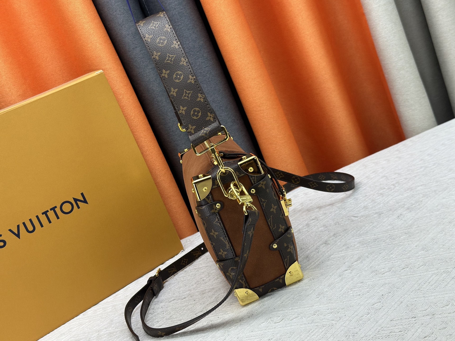 LOUIS VUITTON - LV SIDE TRUNK Suede Box Bag Underarm Bag Shoulder Crossbody Handbag Brown