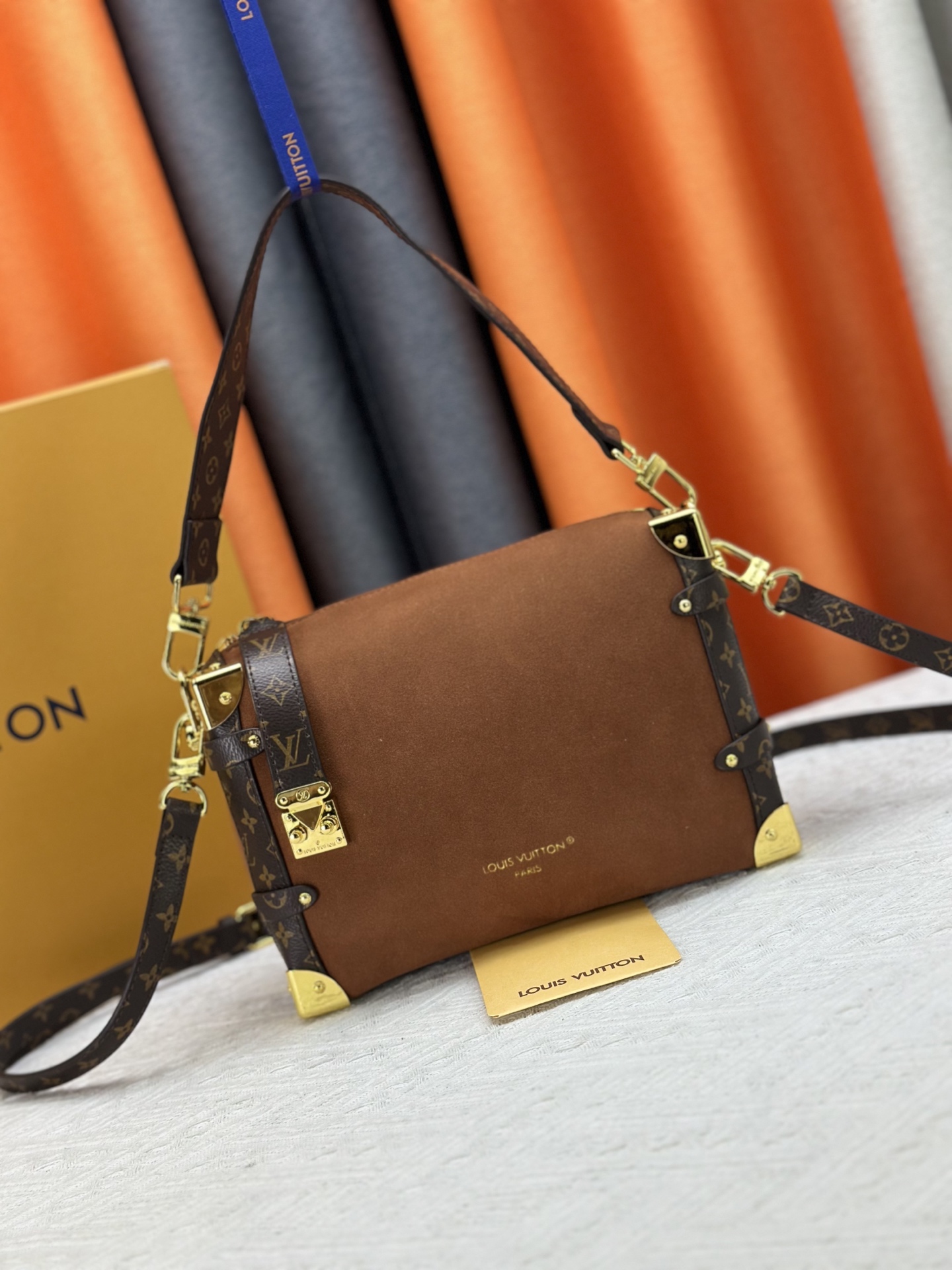 LOUIS VUITTON - LV SIDE TRUNK Suede Box Bag Underarm Bag Shoulder Crossbody Handbag Brown