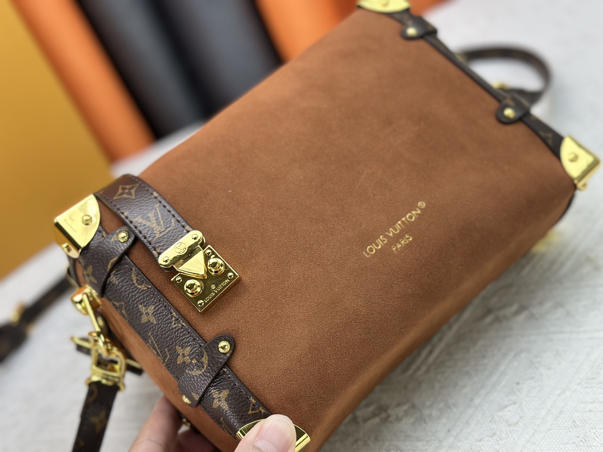 LOUIS VUITTON - LV SIDE TRUNK Suede Box Bag Underarm Bag Shoulder Crossbody Handbag Brown