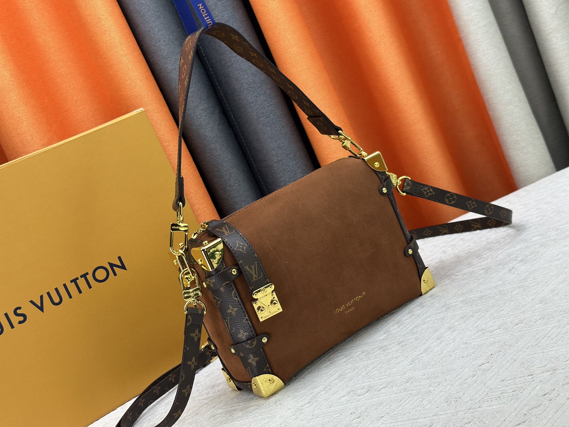 LOUIS VUITTON - LV SIDE TRUNK Suede Box Bag Underarm Bag Shoulder Crossbody Handbag Brown