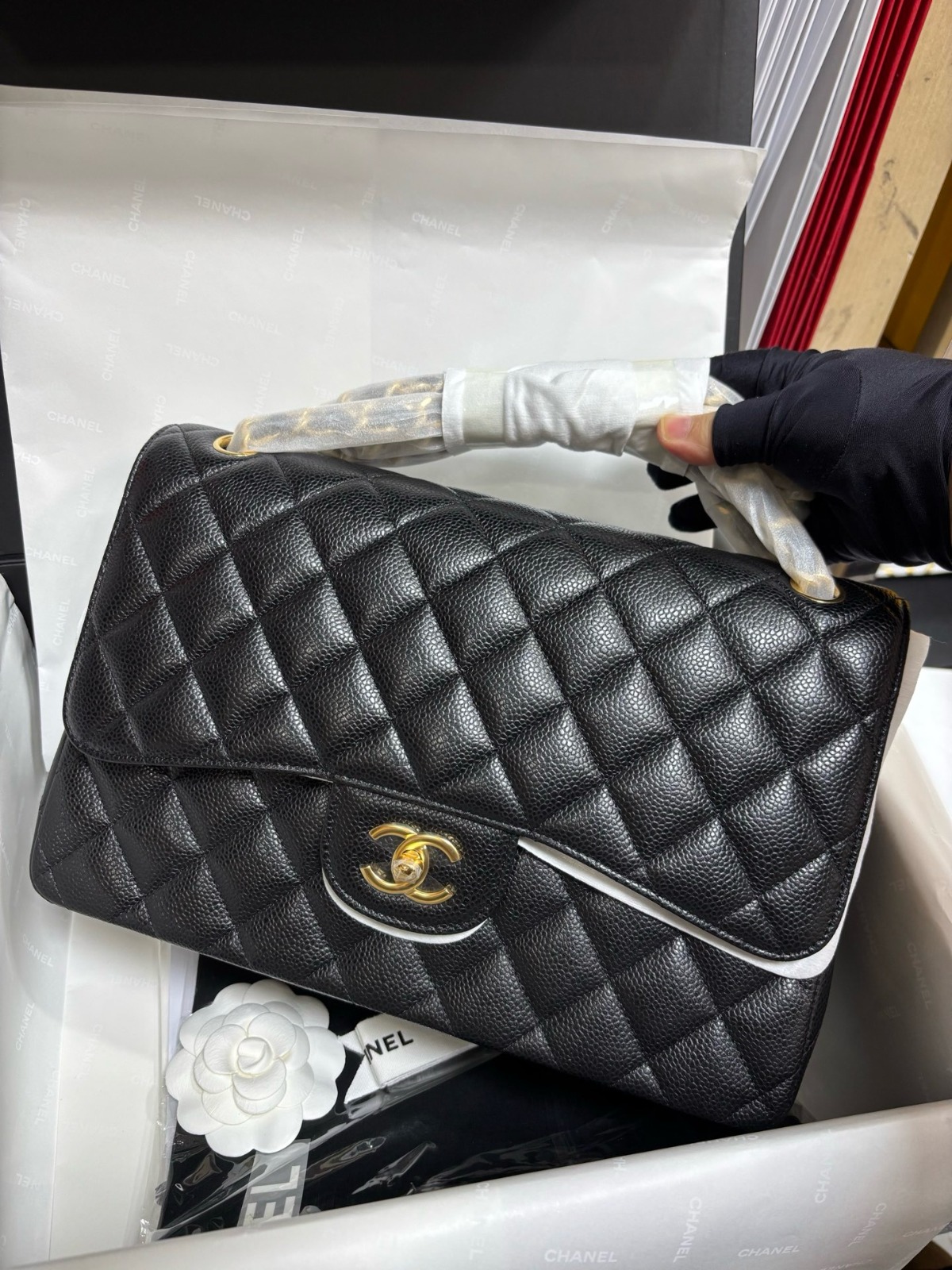 Chanel - CF 30cm Caviar Leather Bag – Black & Gold, Premium Channel Version