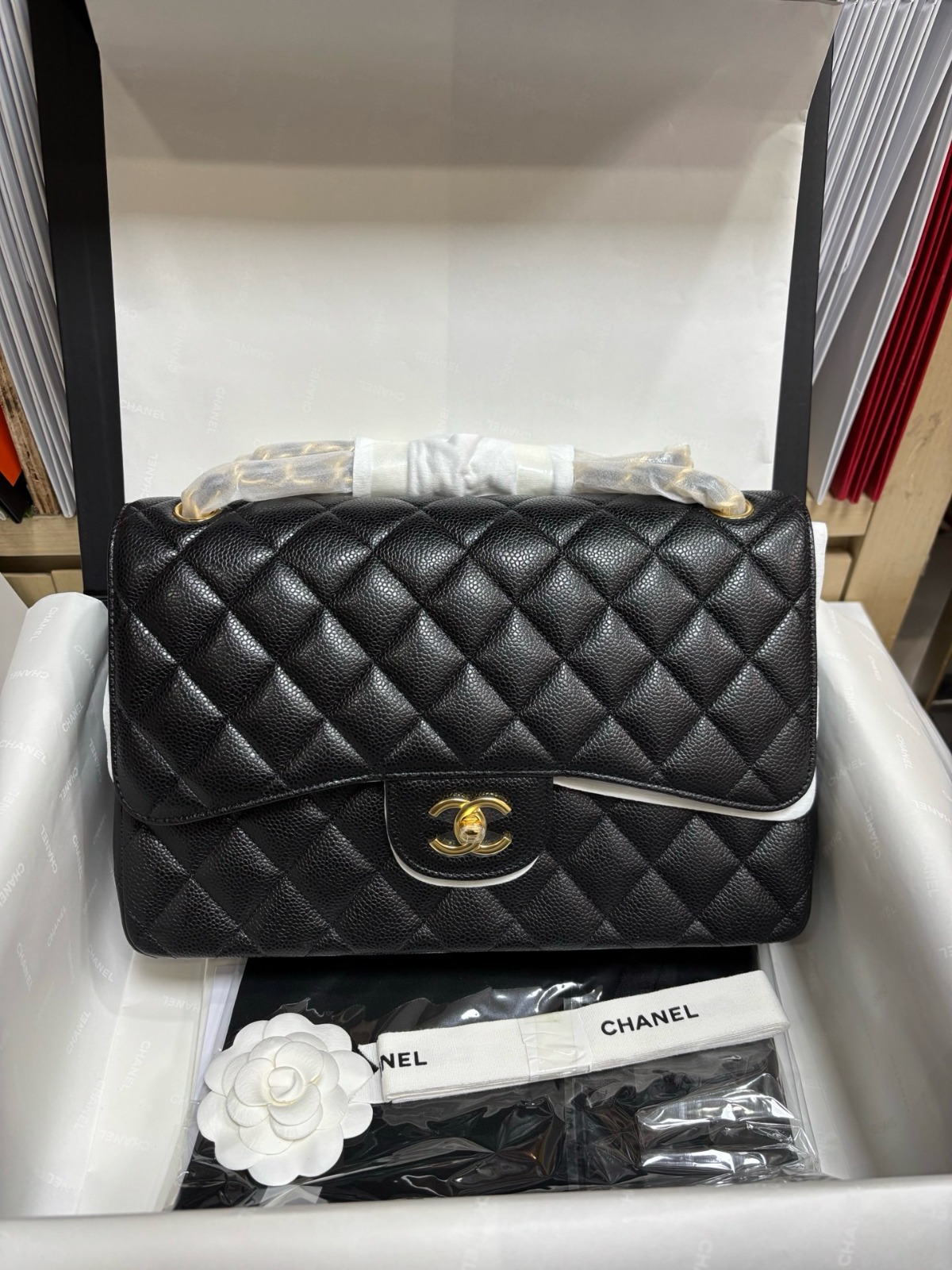 Chanel - CF 30cm Caviar Leather Bag – Black & Gold, Premium Channel Version