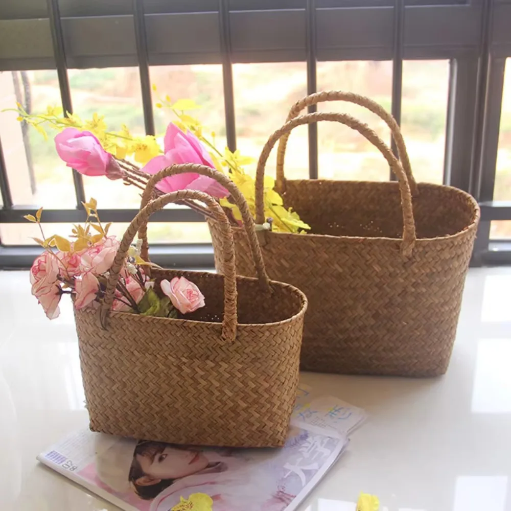 Flower Basket Crafts Seaweeds Woven Basket Bag Laundry Basket Large Capacity Handbag Room Decoration Gift Durable